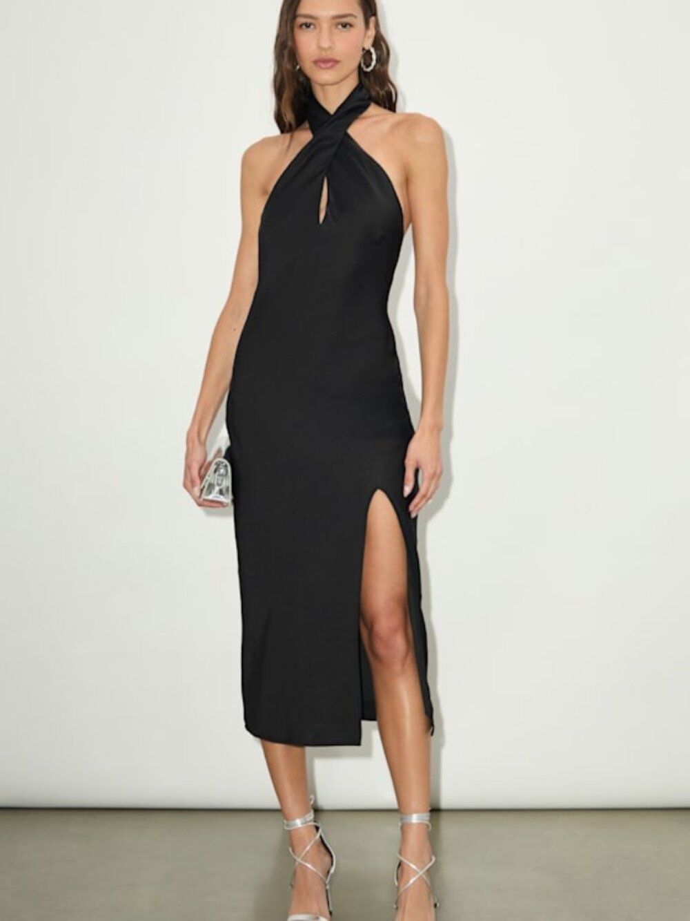 Lulus Beyond Classy Black Satin Halter Midi Dress - Size L